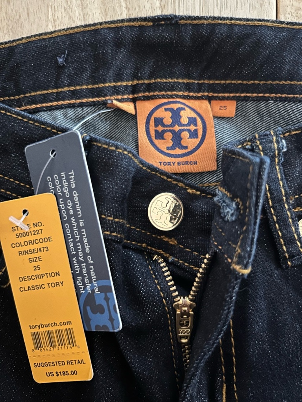 Tory Burch “Classic Tory Bootcut” Dark Indigo Jeans with Gold Stitching